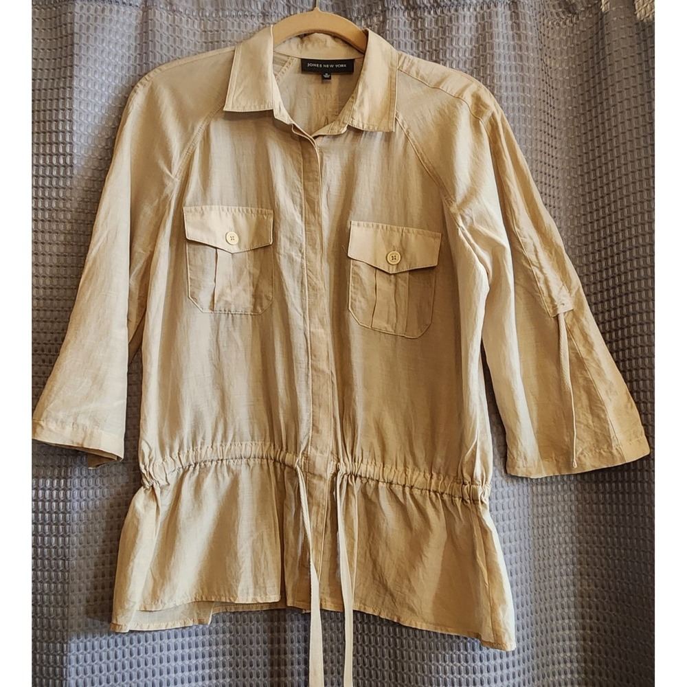 Jones New York Tan Utility Shirt Drawstring Waist Blouse Cargo Pockets Size M